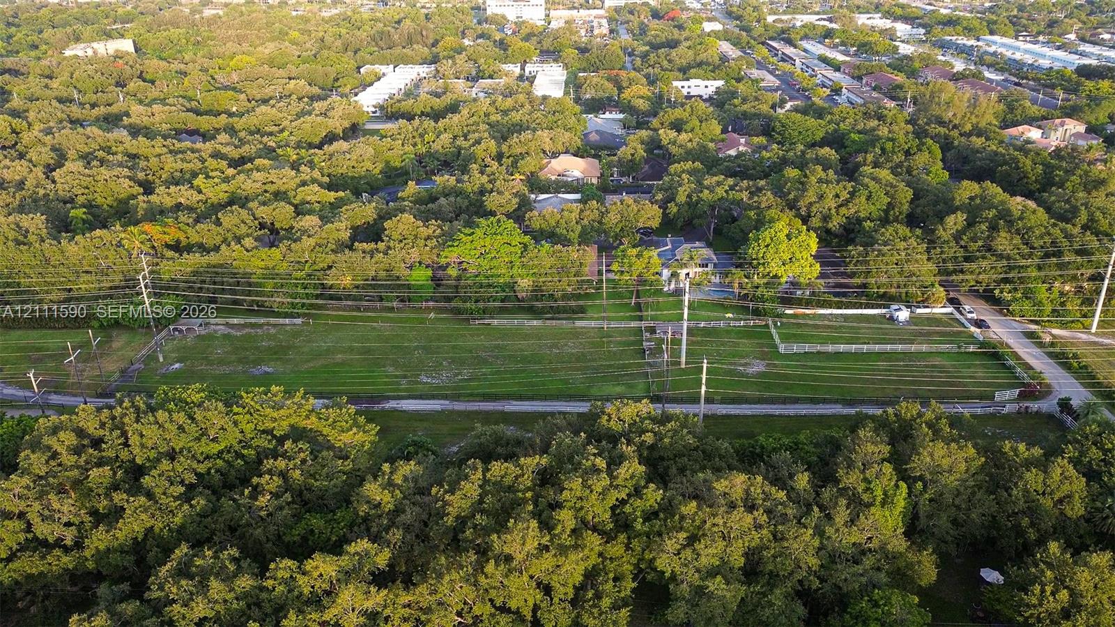 Expansive rectangular parcel featuring open terrain, mature perimeter trees, and a paved road frontage