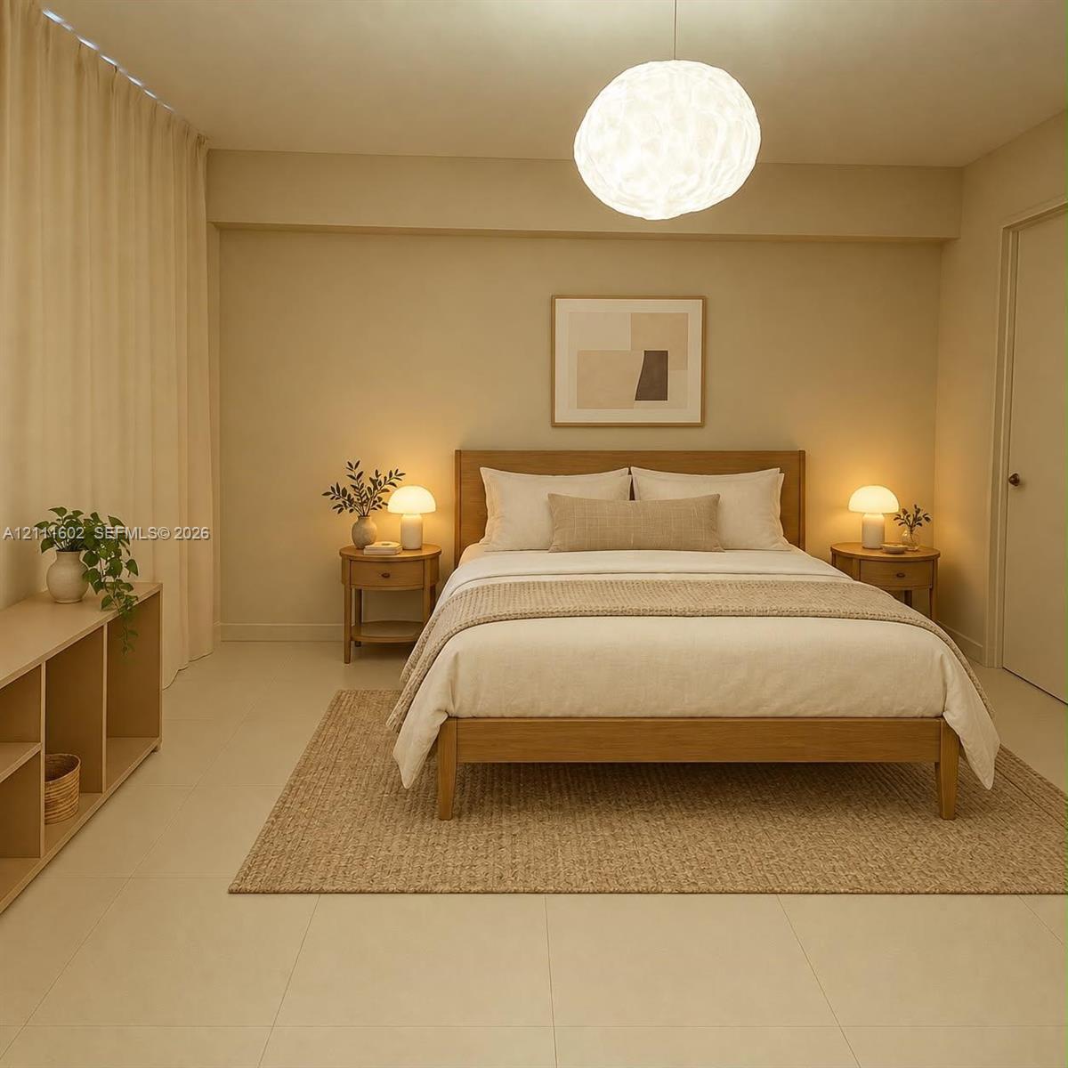Neutral-toned interior featuring large-format tile flooring, textured wall-to-wall curtains, and a prominent sphere-shaped pendant light fixture
