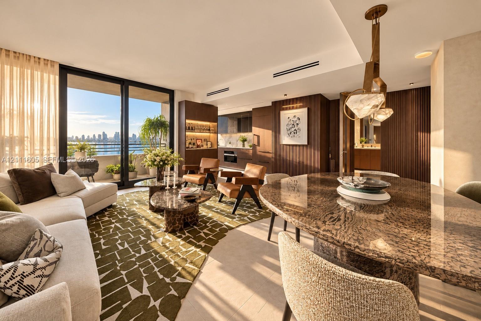 Open-concept floor plan featuring floor-to-ceiling glass sliding doors, recessed linear lighting, custom dark wood-finish cabinetry, and a geometric pendant light fixture