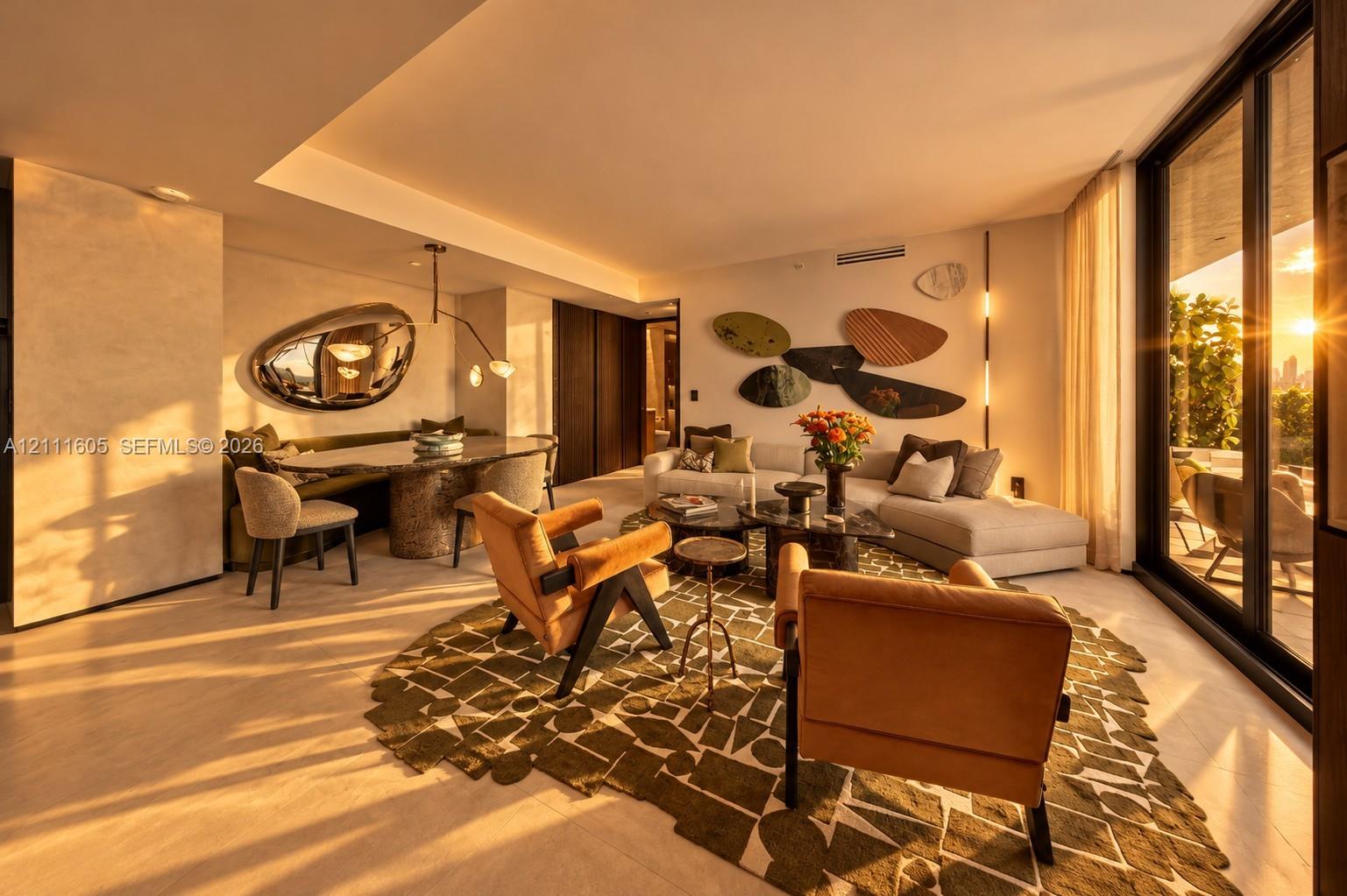 Open-concept interior featuring floor-to-ceiling sliding glass doors, neutral stone flooring, recessed ceiling lighting, and dark wood-finished cabinetry