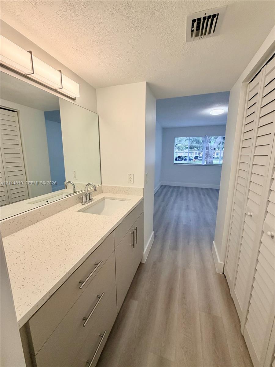 Bathroom vanity featuring a speckled solid-surface countertop, an integrated rectangular sink, brushed-metal hardware, large wall-mounted mirror, and wood-finish flooring throughout the space