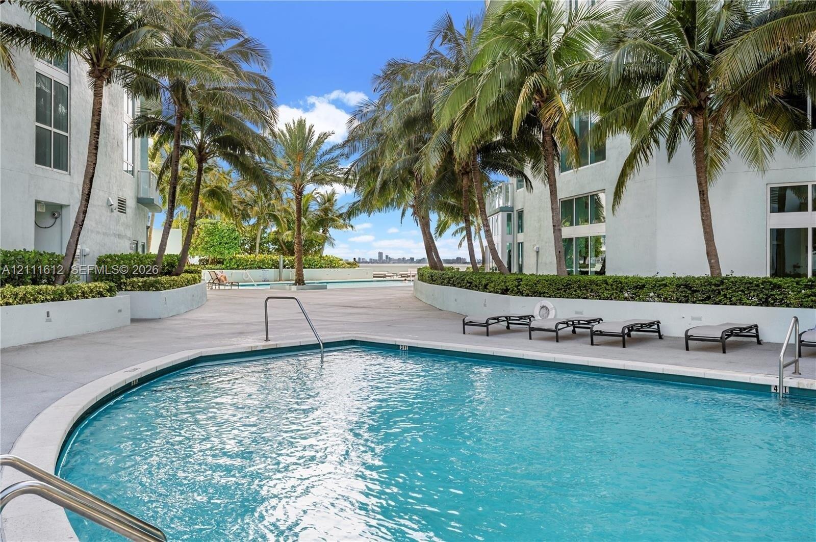 Outdoor swimming pool featuring a curved concrete deck, metal handrails, and surrounding mature palm trees