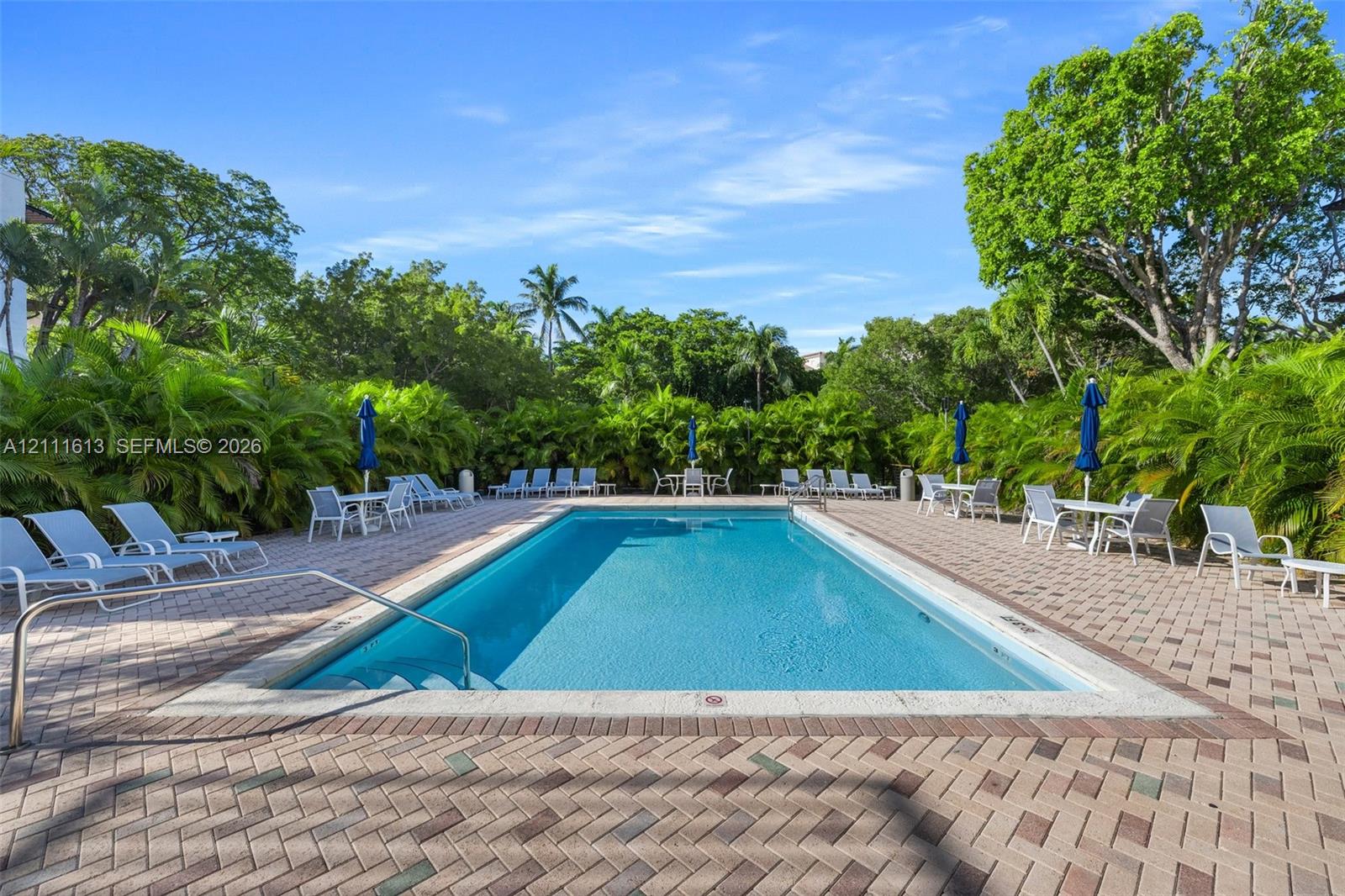 In-ground rectangular swimming pool with integrated stairs, surrounded by a herringbone-patterned paver deck and mature perimeter landscaping