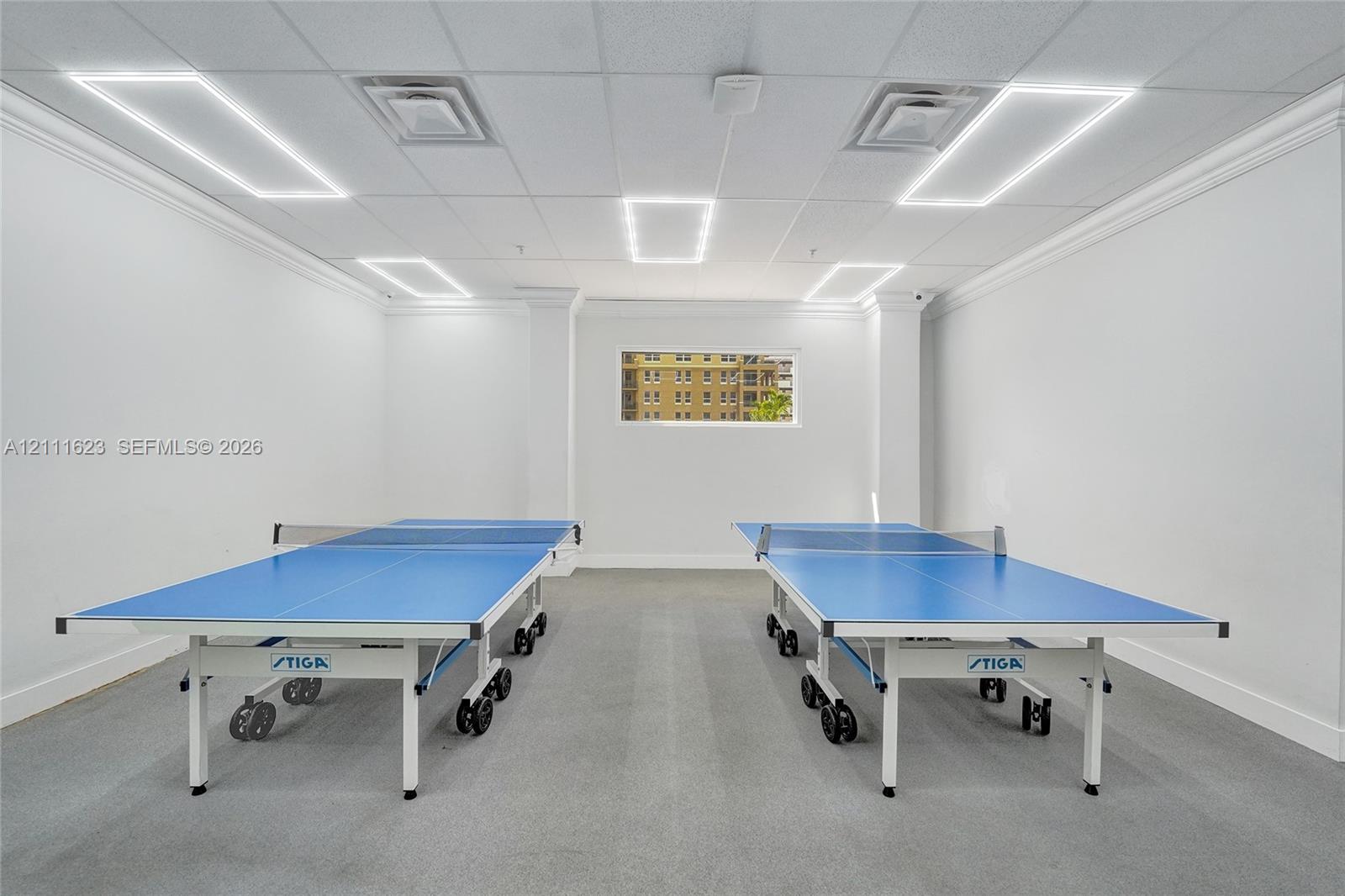 Recreation room featuring a drop ceiling with recessed rectangular panel lighting, structural columns, and carpeting