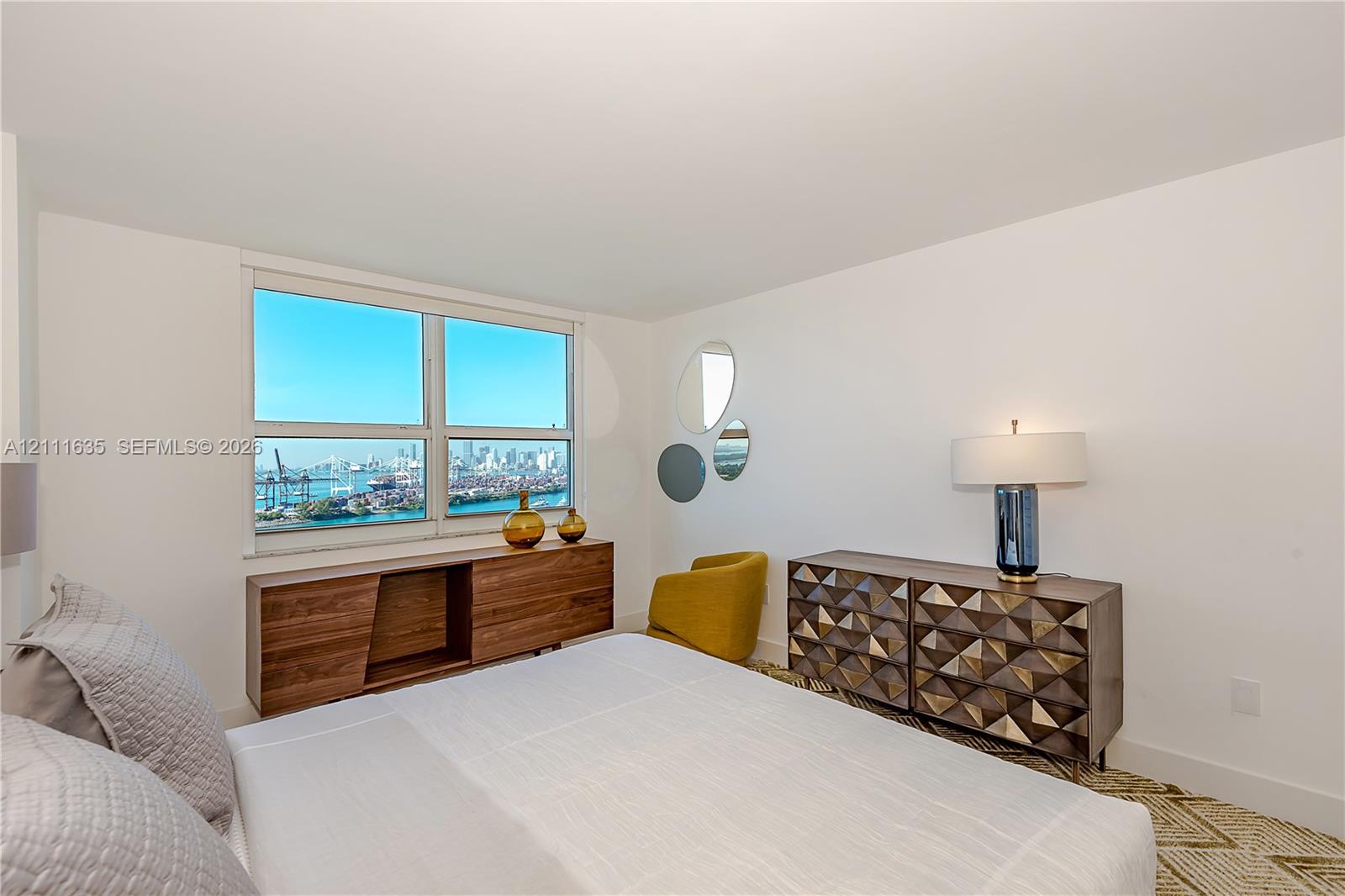 Large-pane window with a water and city skyline backdrop