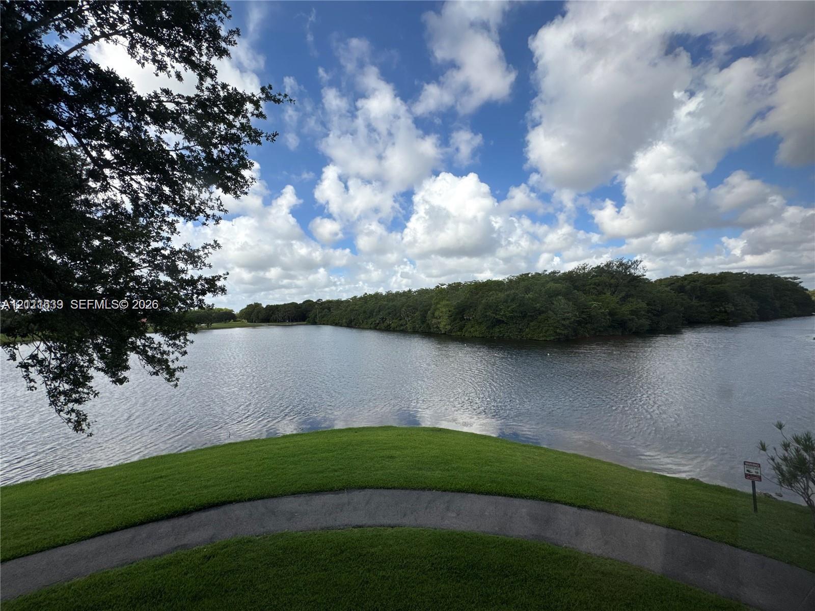 Waterfront property featuring a manicured lawn, paved walking path, and mature tree canopy Waterfront property featuring a manicured lawn, paved walking path, and mature tree canopy