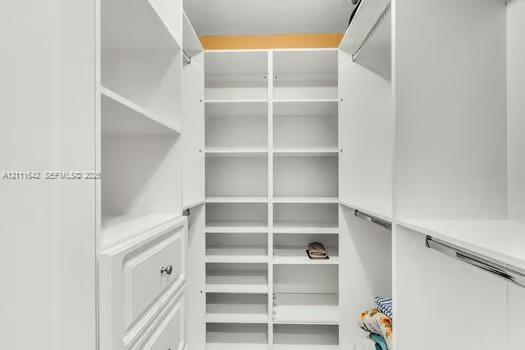 Custom white cabinetry featuring floor-to-ceiling shelving, built-in drawer storage, and integrated hanging rods