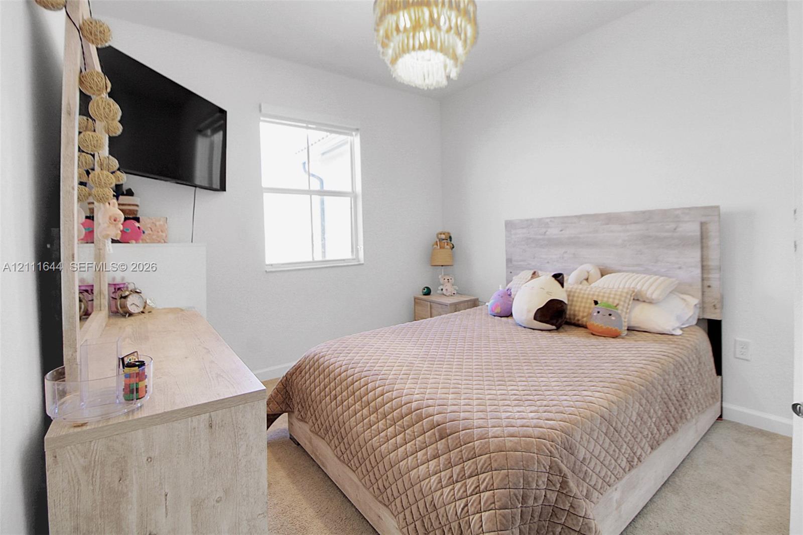 Neutral-toned interior space featuring wall-to-wall carpeting, a single-hung window, and a ceiling-mounted light fixture