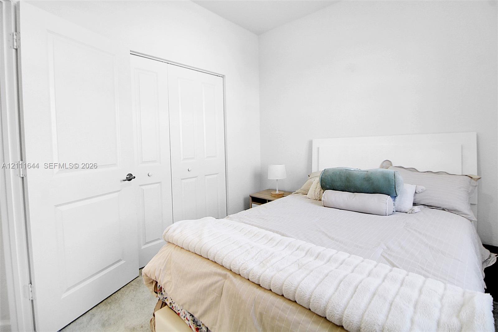 Neutral-toned interior featuring crisp white walls, a dual-panel closet with brushed nickel hardware, and high-pile wall-to-wall carpeting