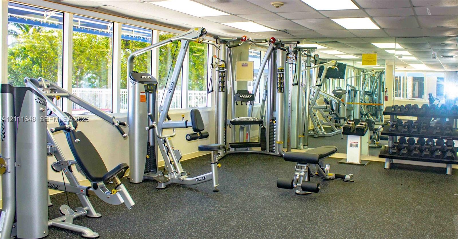 Fitness center featuring a wall of floor-to-ceiling mirrors, large windows with natural lighting, and rubberized flooring