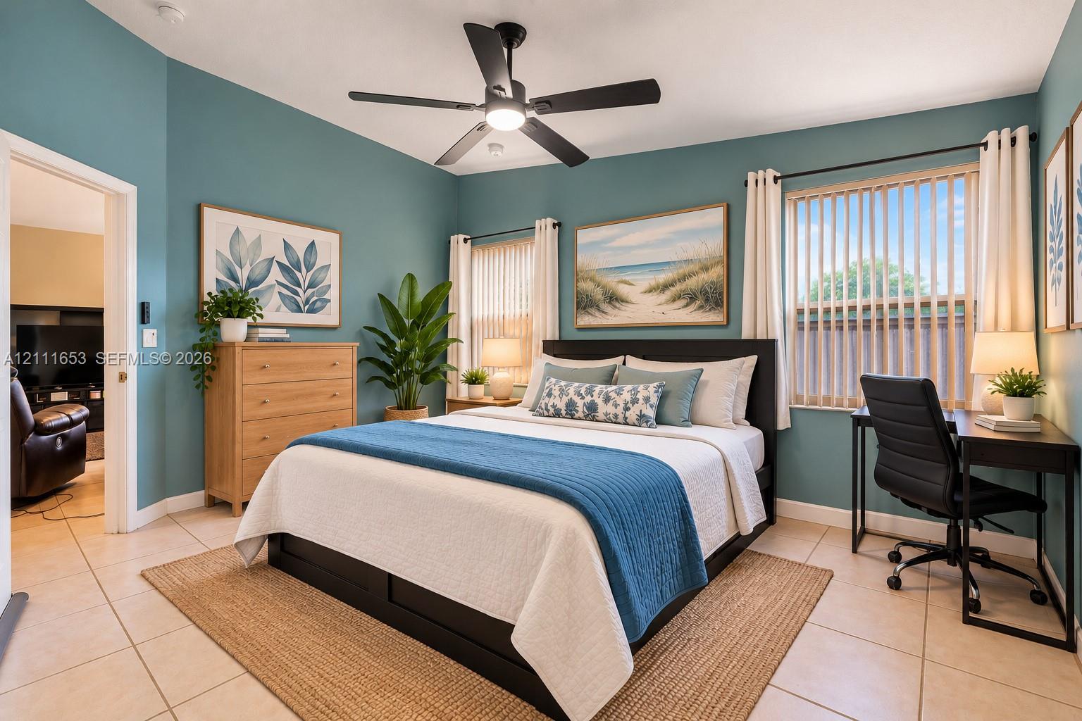 Primary Bedroom featuring tile flooring, dual windows with vertical blinds, and a matte black ceiling fan with integrated lighting Primary Bedroom featuring tile flooring, dual windows with vertical blinds, and a matte black ceiling fan with integrated lighting