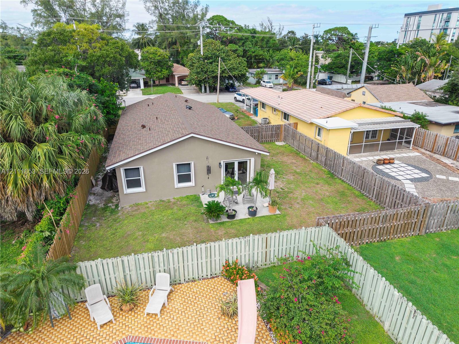 Fenced backyard featuring a concrete patio, enough room to add an in-ground pool