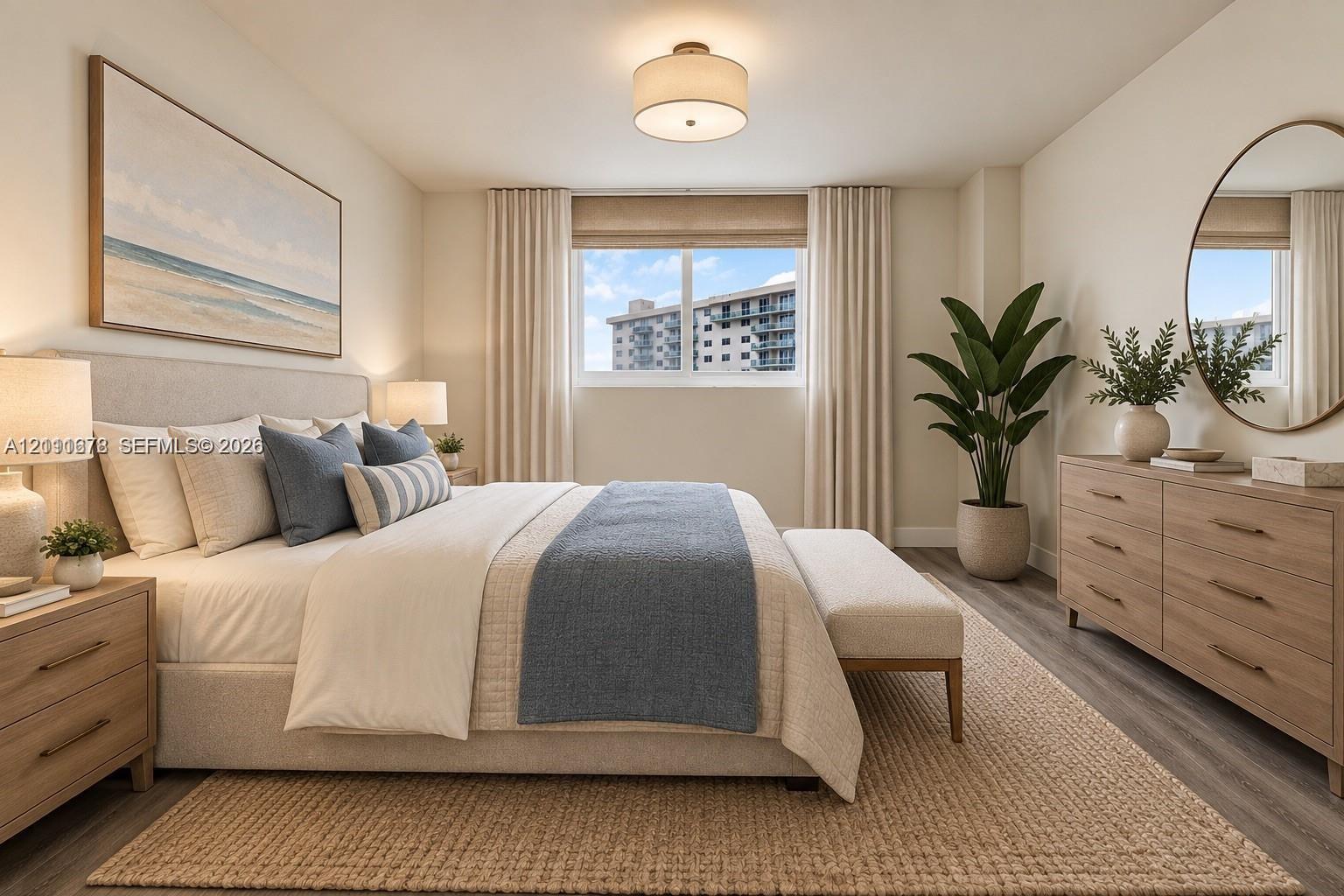 Neutral-toned room with wood-finish flooring, a drum-style flush mount light fixture, and a window with neutral drapery