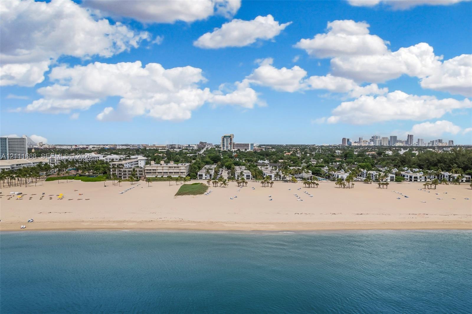 Direct oceanfront access with expansive sandy beach, palm tree landscaping, and coastal horizon