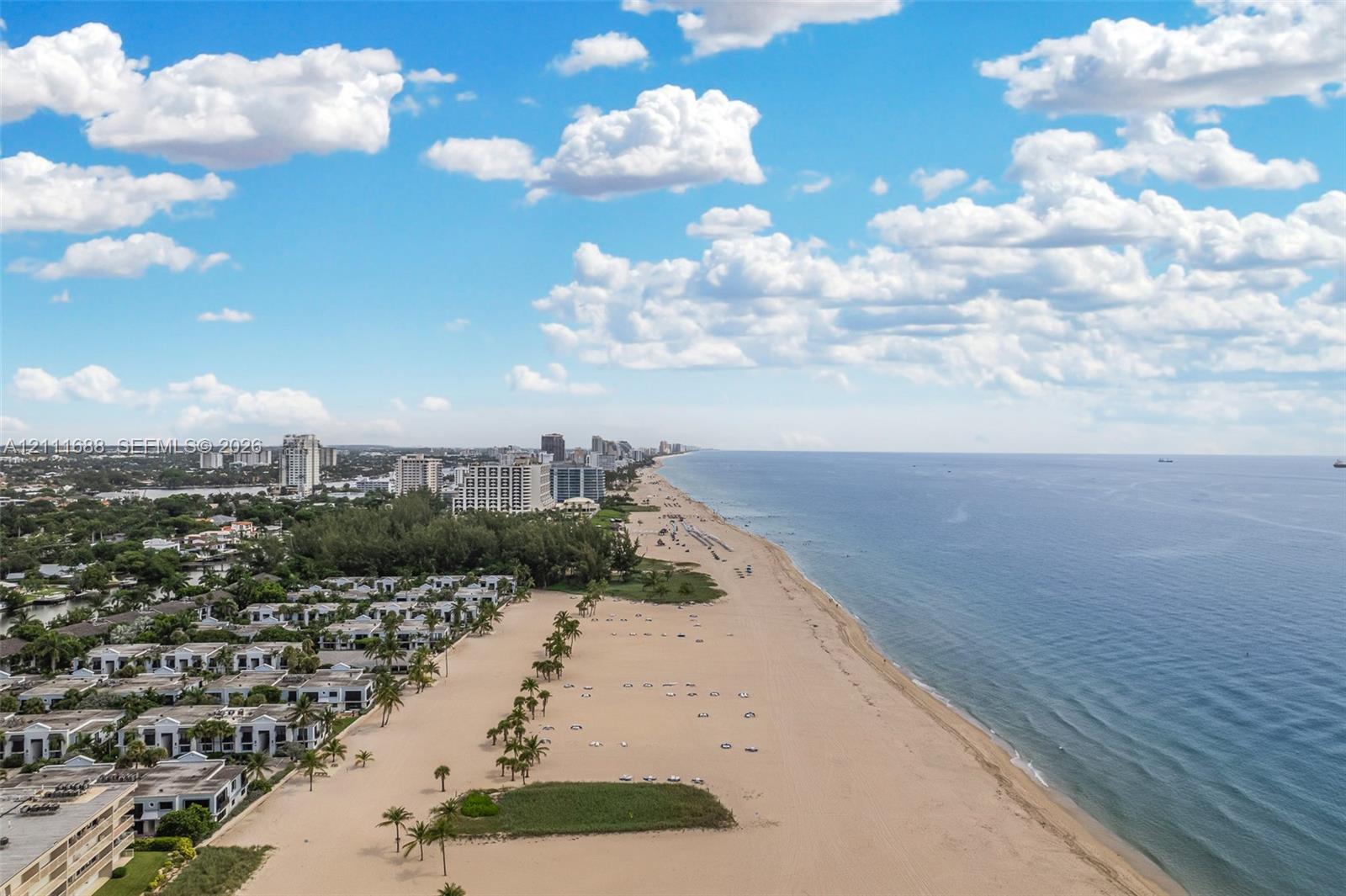 Coastal aerial photography featuring direct shoreline access, expansive sandy beaches, and mature palm trees