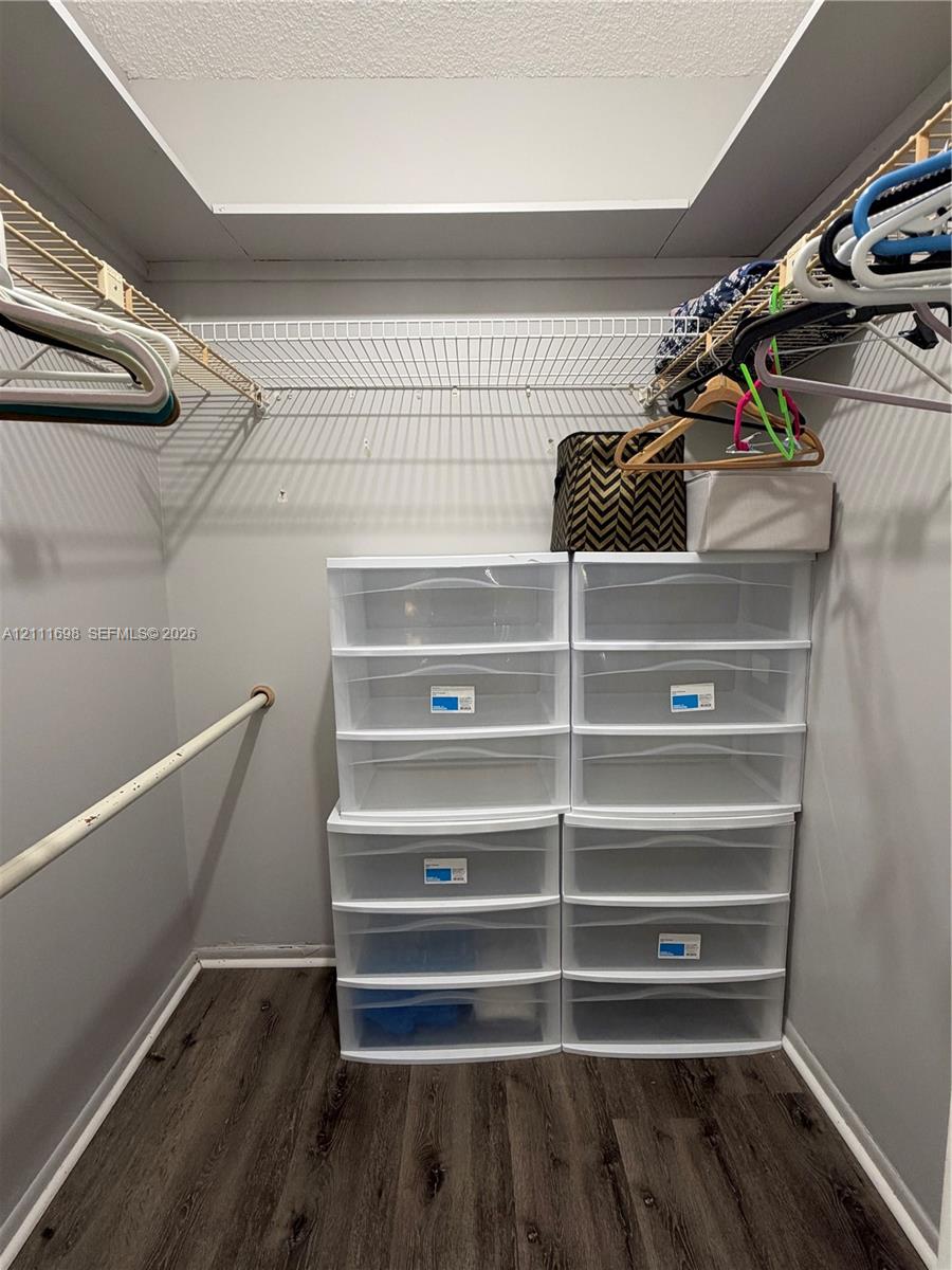 Walk-in closet featuring wood-finish flooring and installed wire shelving