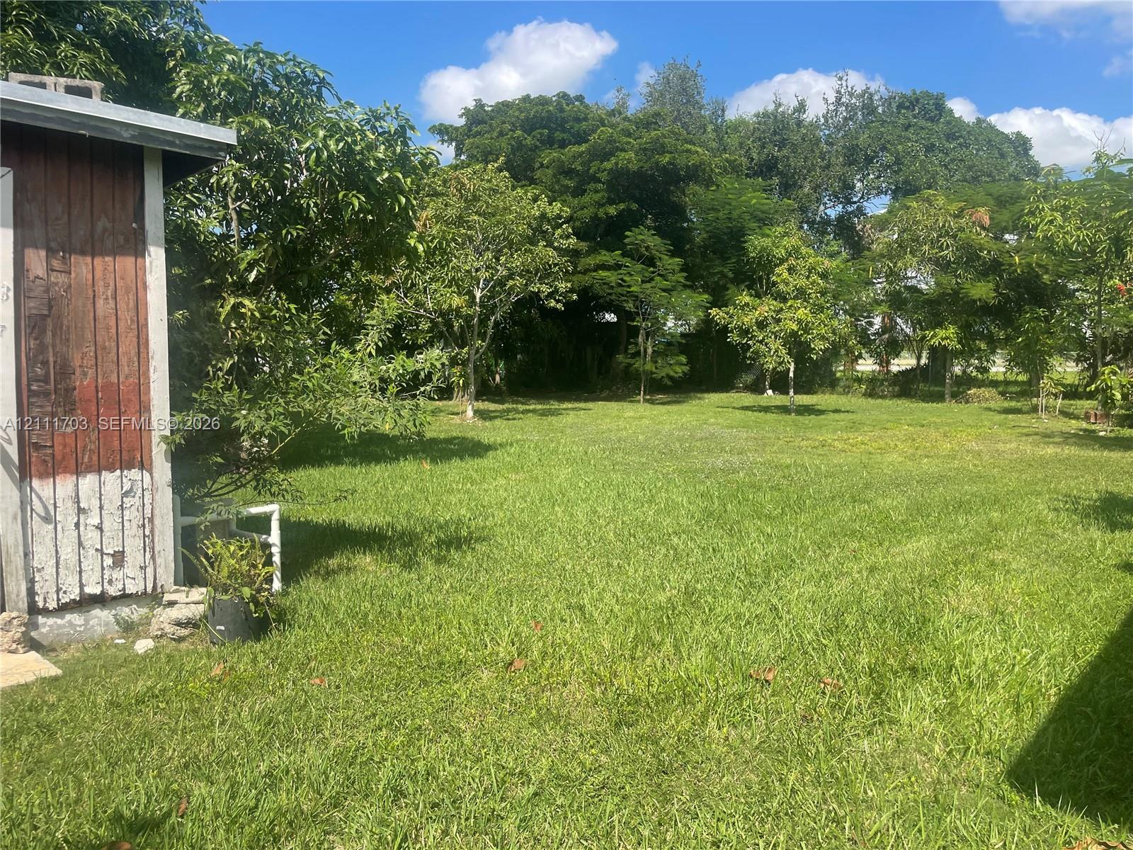 Expansive backyard featuring a grass lawn and mature trees