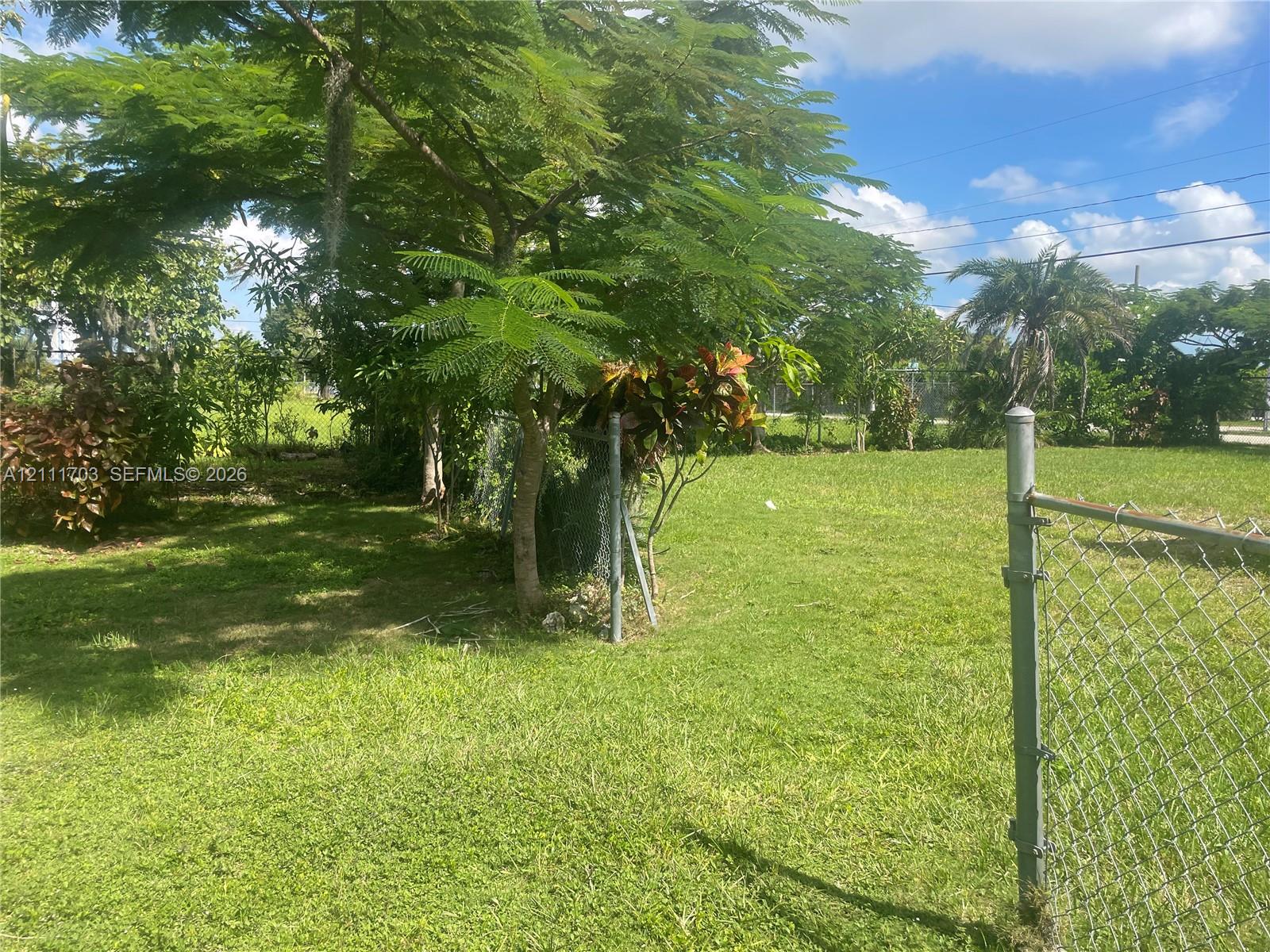 Expansive parcel featuring mature trees, manicured lawn, and chain-link fencing