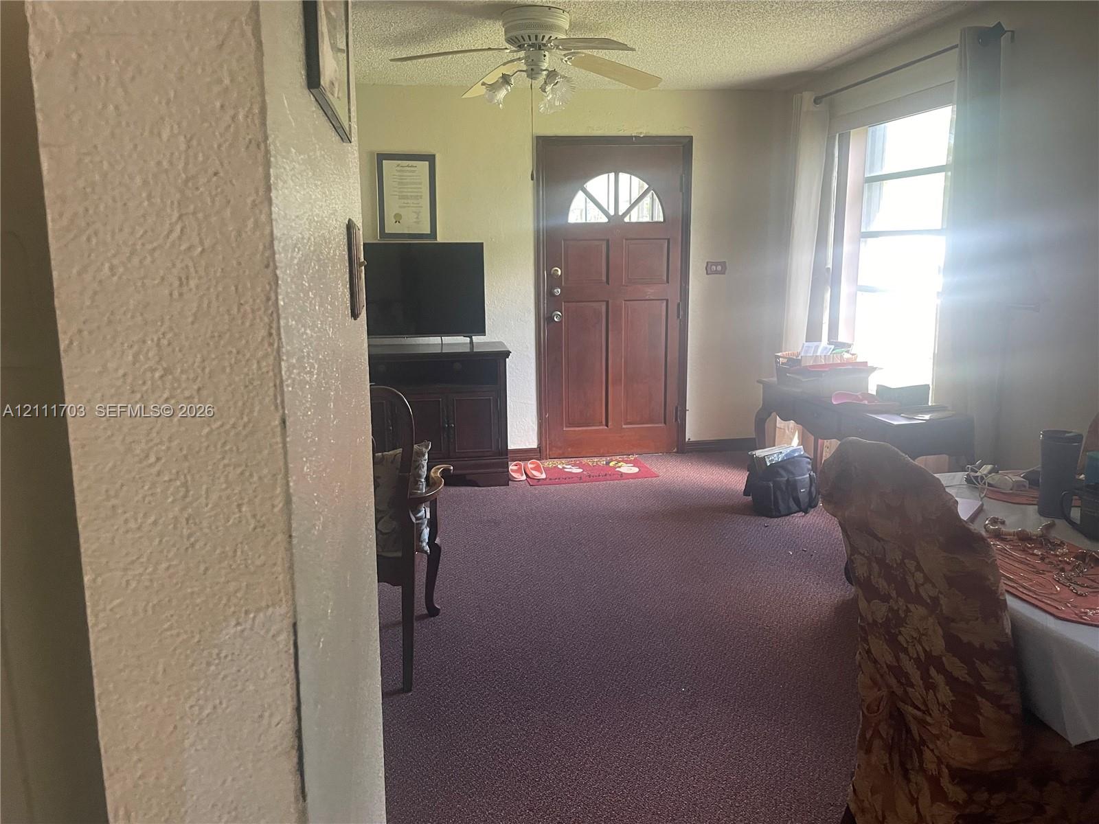 Entry area featuring a solid wood door with a semi-circular glass insert, multi-pane window, and a ceiling-mounted light fixture with a fan Entry area featuring a solid wood door with a semi-circular glass insert, multi-pane window, and a ceiling-mounted light fixture with a fan