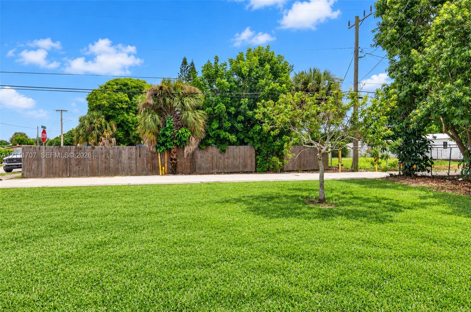 Expansive lawn featuring mature trees, palms, and additional parking option