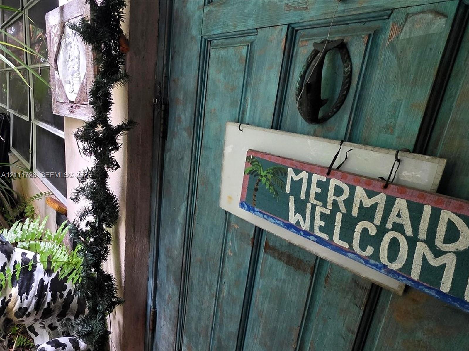 Teal-finished wooden door featuring a paneled design and a decorative metal door knocker