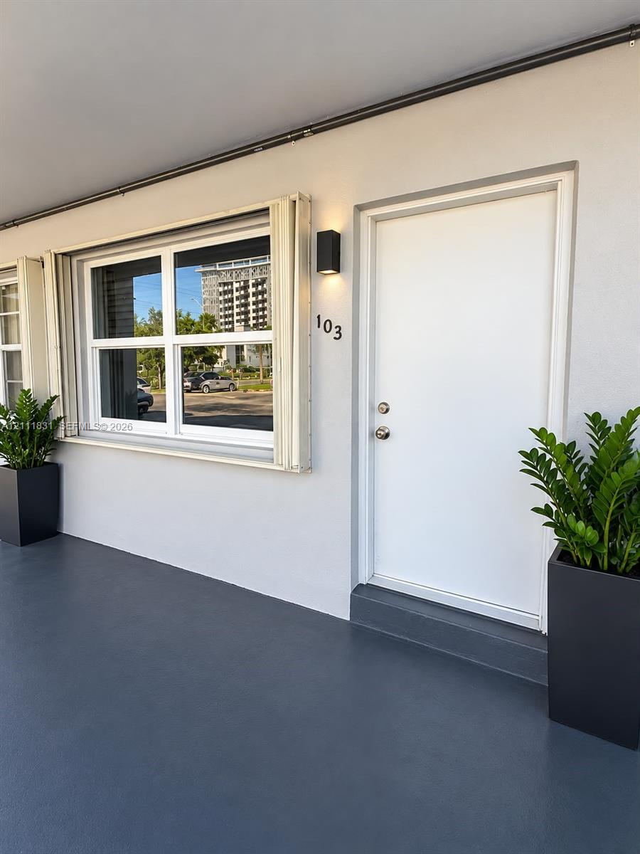 Exterior entryway featuring a white entry door, multi-pane window with retractable shutter, dark grey flooring, and a modern rectangular wall-mounted light fixture
