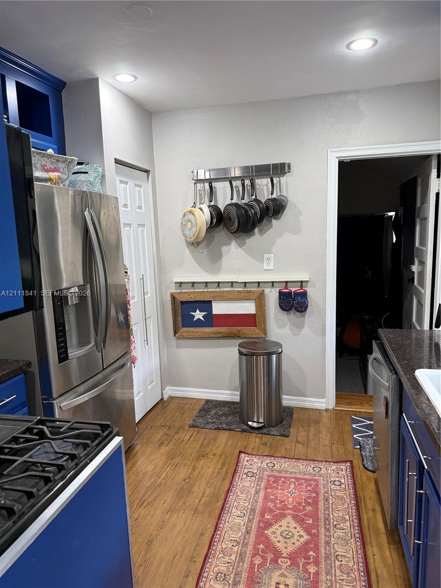 Kitchen featuring wood-finish flooring, recessed lighting, and stainless steel appliances