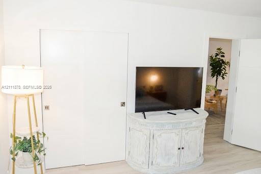 Interior space featuring wood-finish flooring and floor-to-ceiling closet with flush-mount square hardware