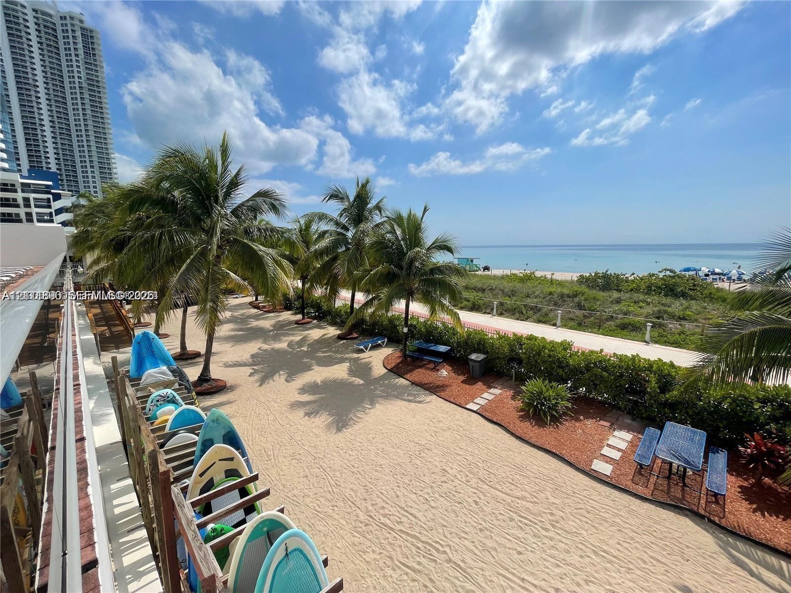 Sandy outdoor space featuring mature palm trees, perimeter landscaping, and stone pathways