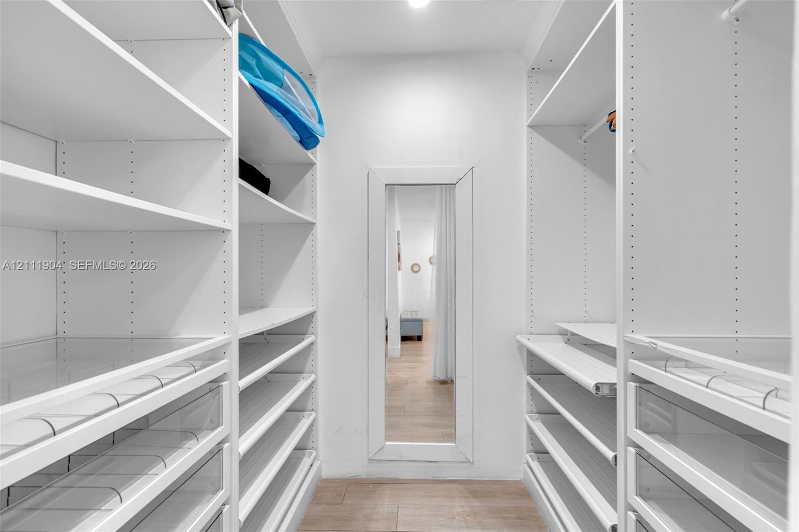 Walk-in closet featuring floor-to-ceiling white built-in shelving, integrated pull-out drawers, hanging rods, and a full-length wall-mounted mirror