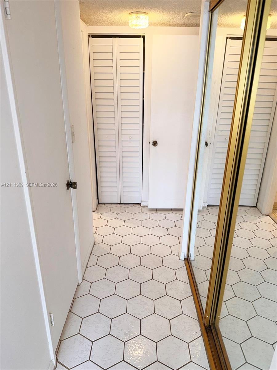 Hexagon tile flooring, white louvered bifold doors, and sliding mirrored closet doors with gold-tone metal frames