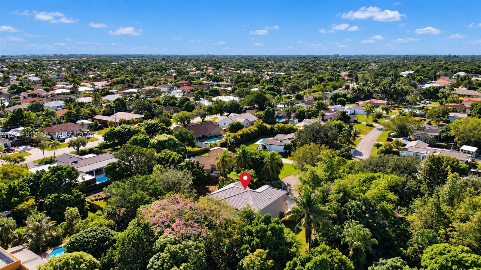 Aerial perspective featuring a low-slope roof structure surrounded by mature trees and dense residential landscape