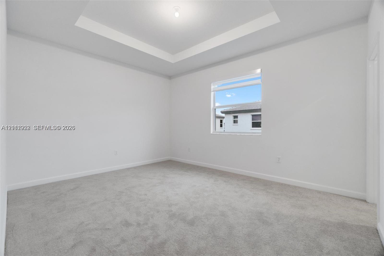 Room featuring a tray ceiling, neutral wall coloring, and wall-to-wall carpeting