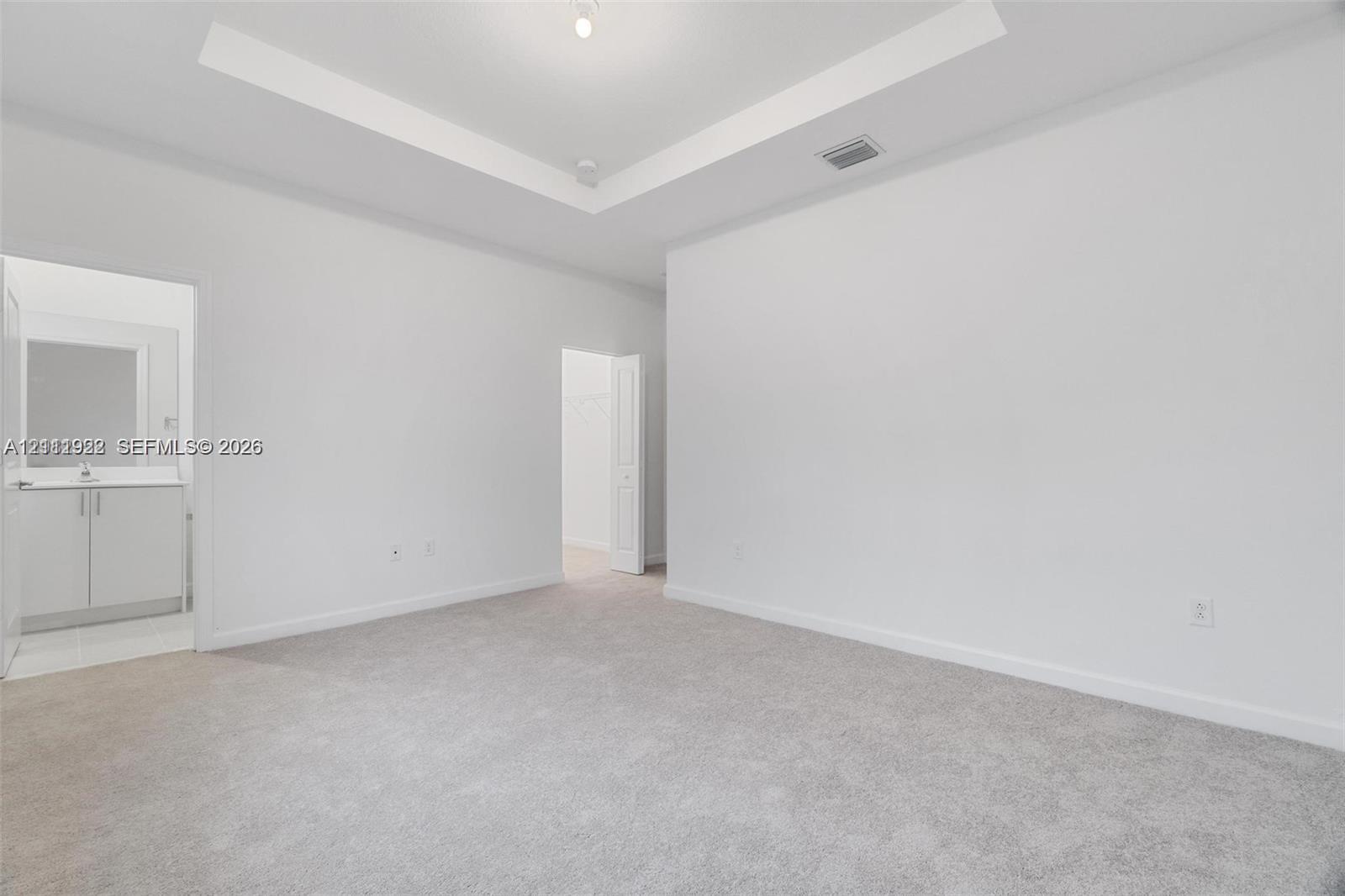 Room featuring a tray ceiling, neutral wall-to-wall carpeting, and a built-in vanity with cabinetry