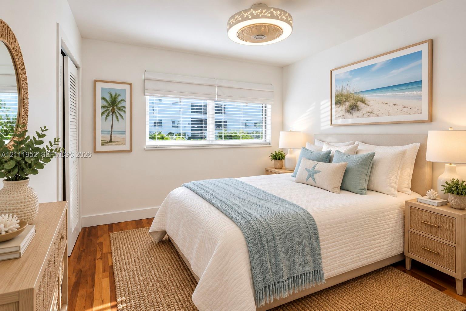 Wood flooring, circular LED ceiling fixture with internal fan.