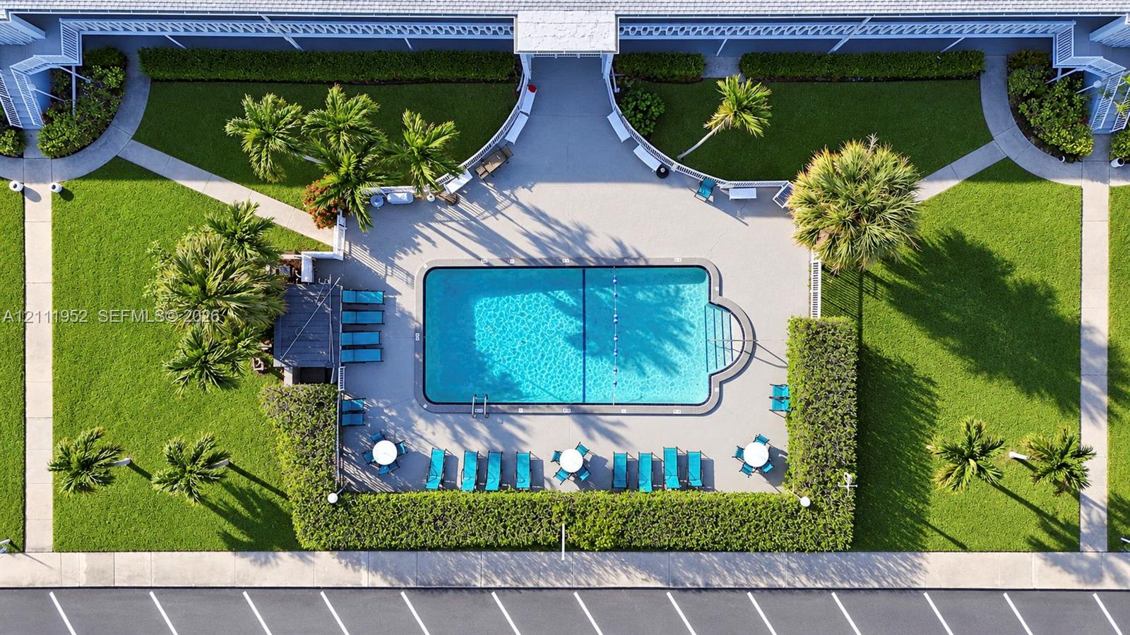 Aerial perspective of a rectangular swimming pool featuring a curved entry step, expansive paved deck, manicured lawn areas, and mature palm trees