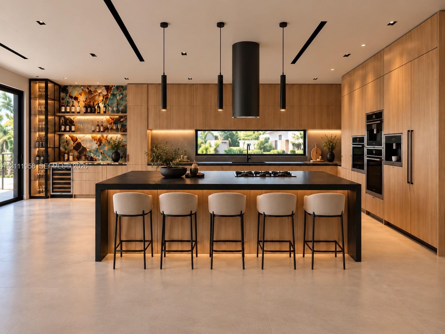 Contemporary kitchen featuring full-height wood cabinetry, a matte black waterfall-edge island with an integrated cooktop, a cylindrical range hood, built-in wall ovens, and a temperature-controlled wine refrigerator