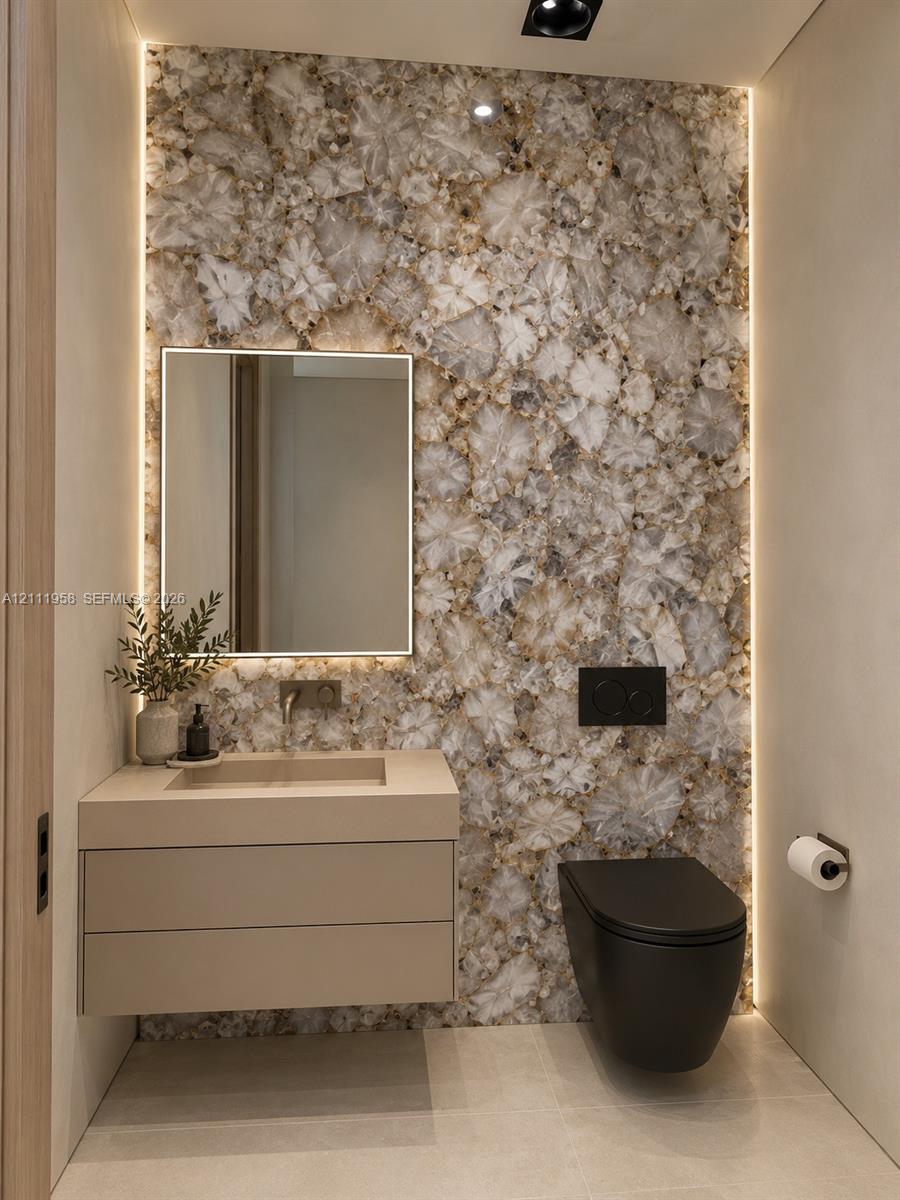 Feature wall with backlighting, wall-mounted floating vanity, integrated rectangular basin, wall-mounted faucet, and wall-mounted toilet