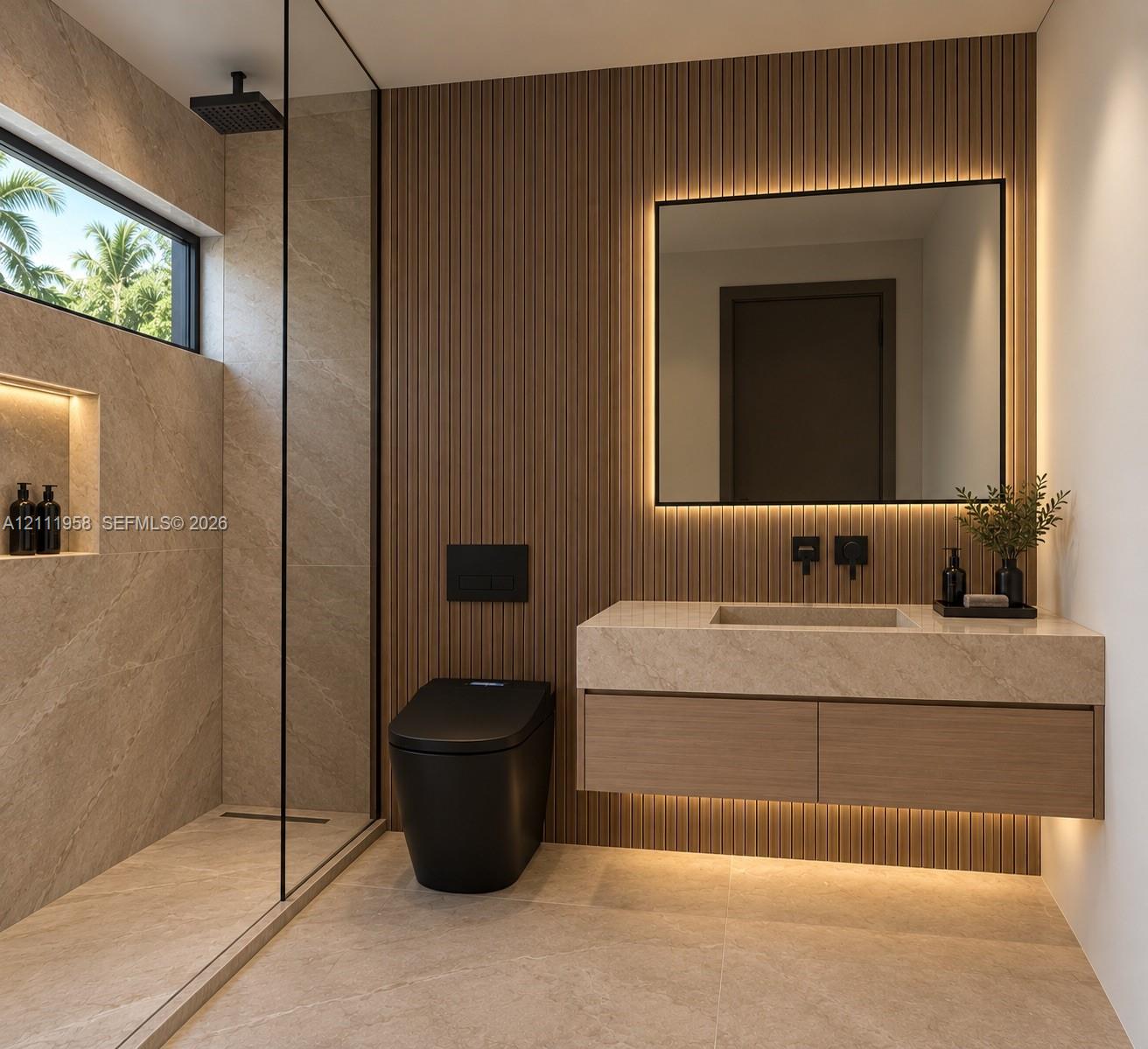 Floating wood-finish vanity with an integrated stone-composite countertop, matte black wall-mounted faucet, vertical wood slat wall detailing, LED-backlit mirror, and walk-in shower with large-format tile and a recessed niche