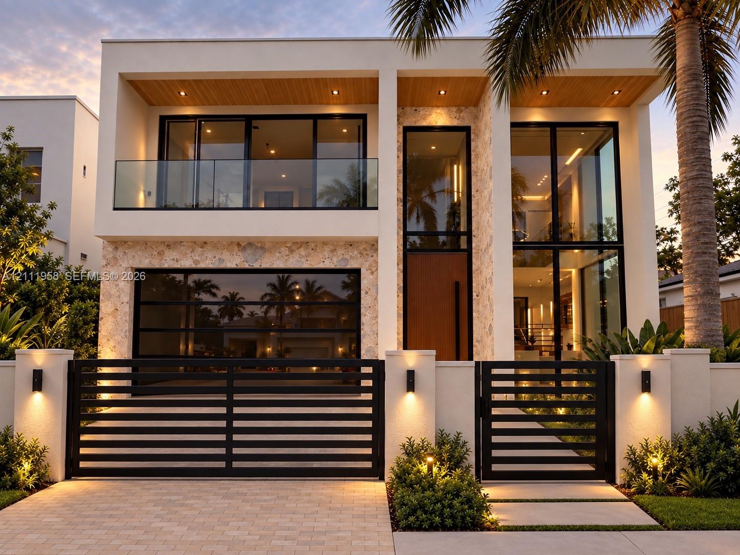 Modern two-story exterior featuring a natural stone facade, floor-to-ceiling glass windows, a wood-finish ceiling soffit, and a black metal gated entryway