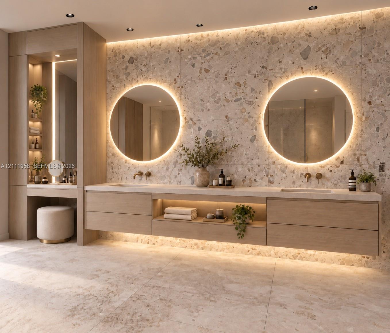 Custom floating vanity with wood-finish cabinetry, integrated open shelving, backlit circular mirrors, stone-composite wall cladding, and an integrated makeup station with vertical accent lighting