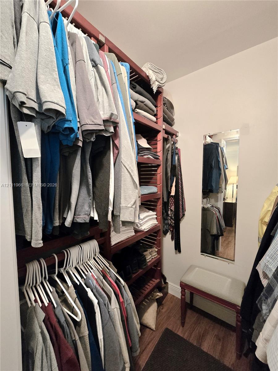 Walk-in closet featuring floor-to-ceiling dark wood shelving, hanging rods, and wood-finish flooring