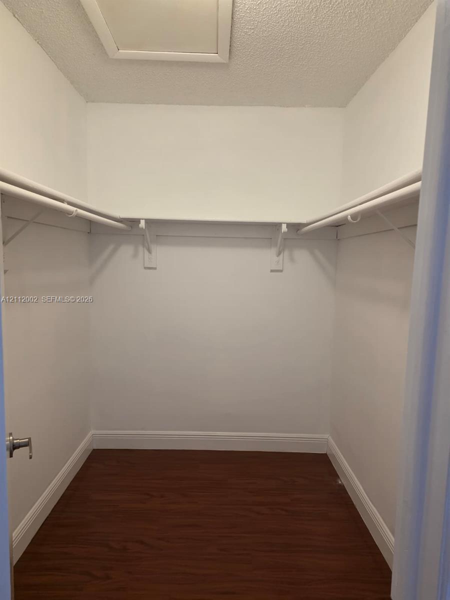 Walk-in storage featuring wood-finish flooring and dual integrated hanging racks with shelving