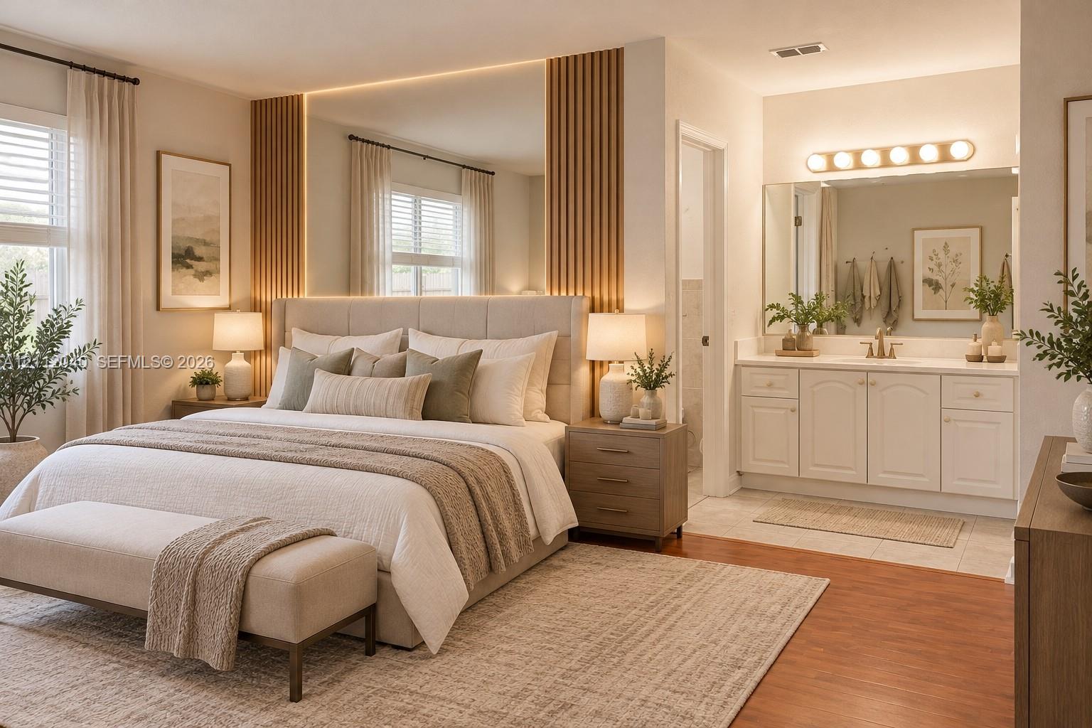 Wood-finish flooring, custom wall paneling with integrated accent lighting, a large wall mirror, and vanity cabinetry with a multi-light fixture