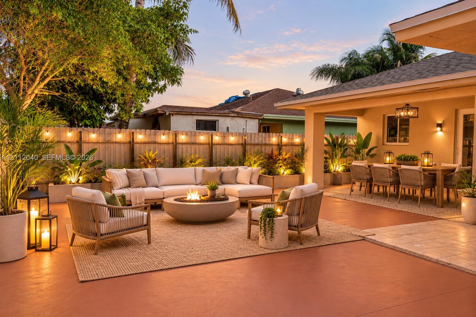 Spacious covered patio featuring concrete flooring, integrated landscape lighting, a horizontal wood privacy fence, and mature perimeter greenery