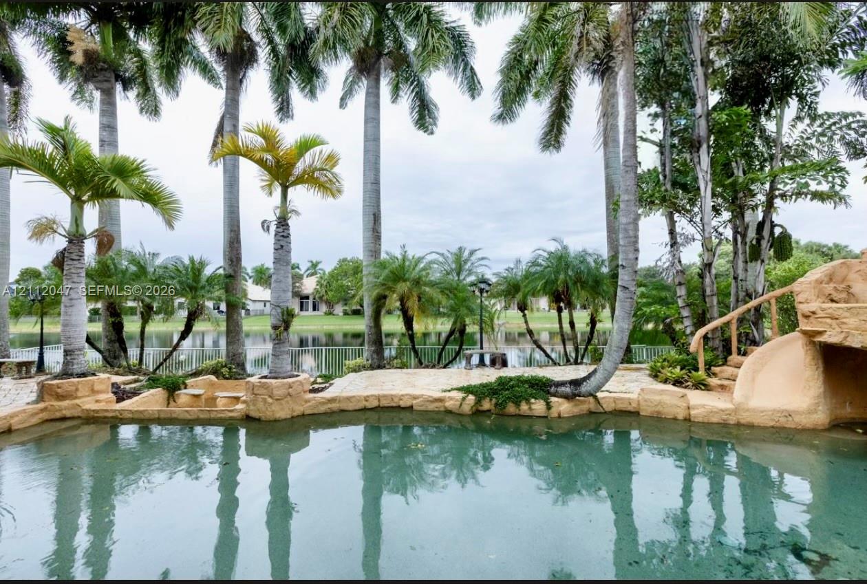 Waterfront pool area featuring natural stone coping, a built-in stone slide, paver decking, and mature palm trees