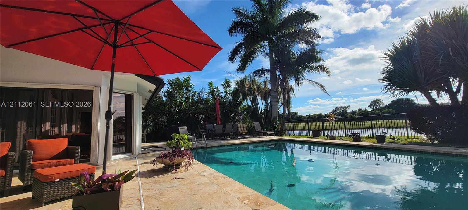 swimming pool with natural stone decking, mature palm trees, and rear perimeter fencing swimming pool with natural stone decking, mature palm trees, and rear perimeter fencing