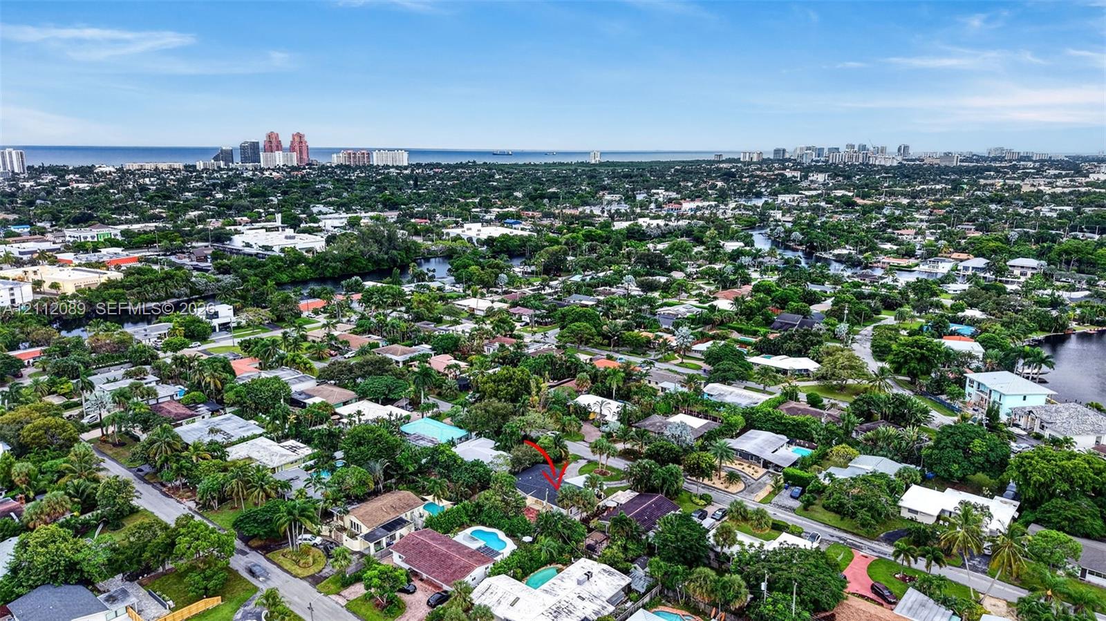 Aerial perspective of residential neighborhood featuring mature tree canopy, proximity to regional waterways, and coastal horizon