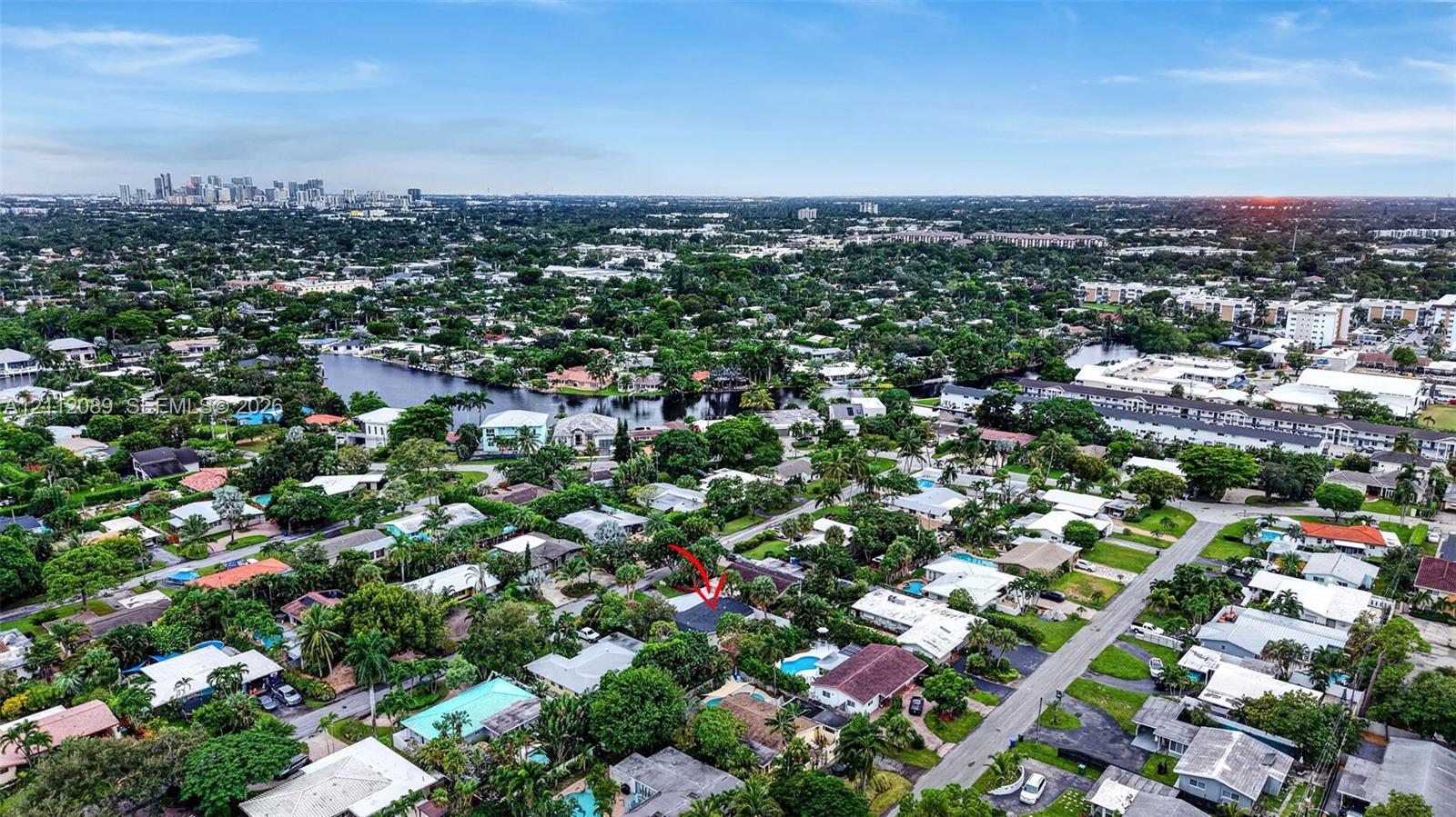 Aerial perspective featuring a residential lot with mature trees and a city skyline backdrop