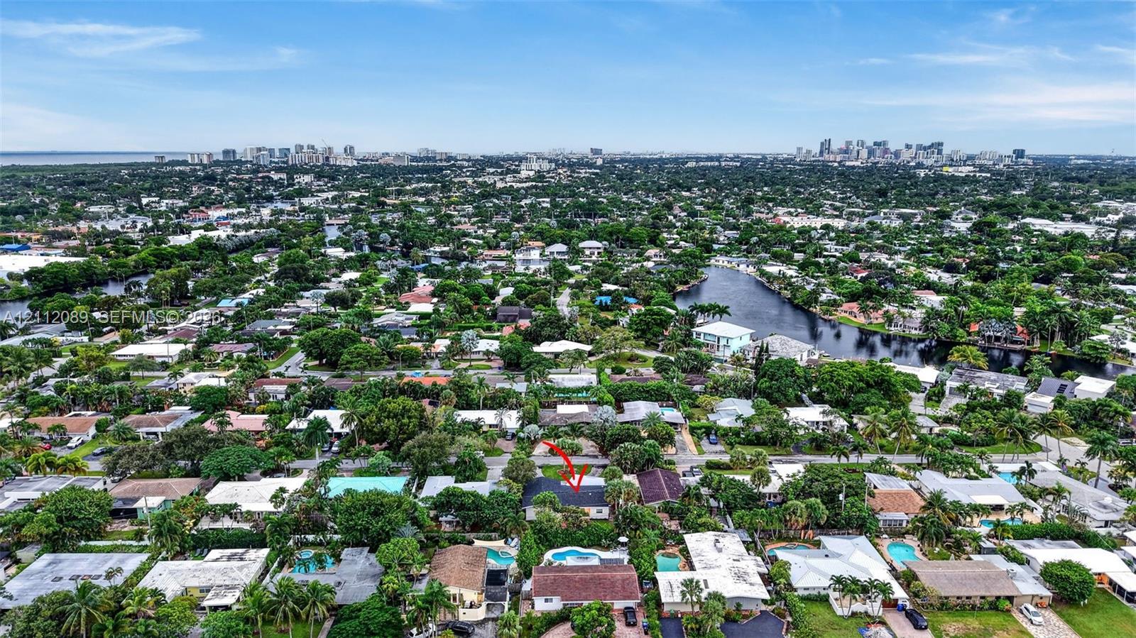 Aerial perspective showcasing a residential property with a detached garage and a swimming pool, situated within a coastal landscape featuring mature trees and proximity to a waterway and urban skyline